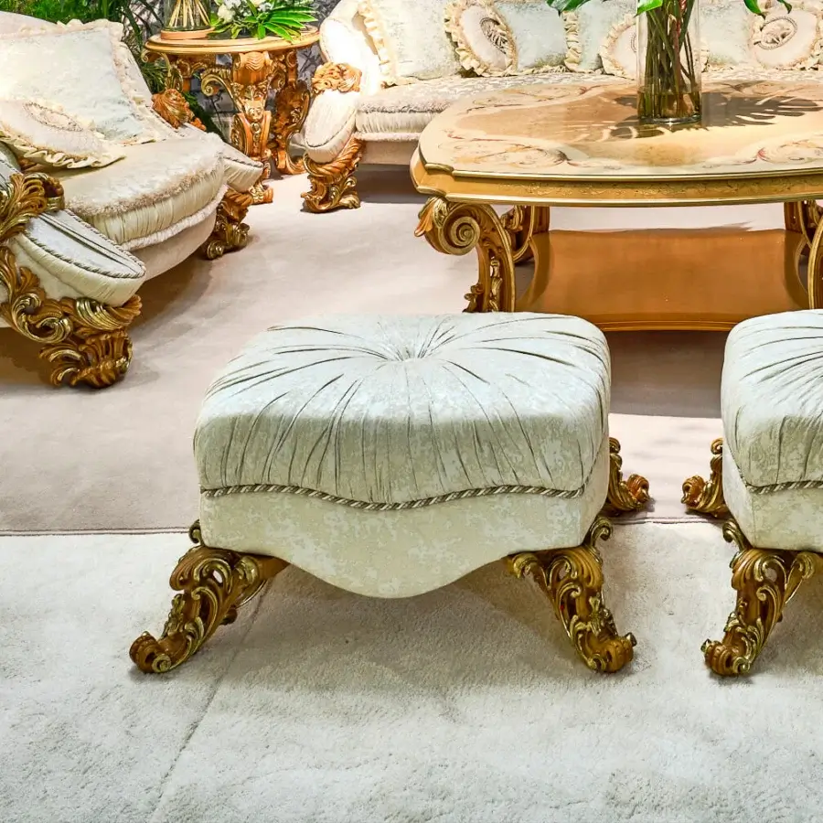 Lavish Riva Mobili D'Arte 22260 ottoman built with pale green and cream upholstery and glossy golden hardwood frame