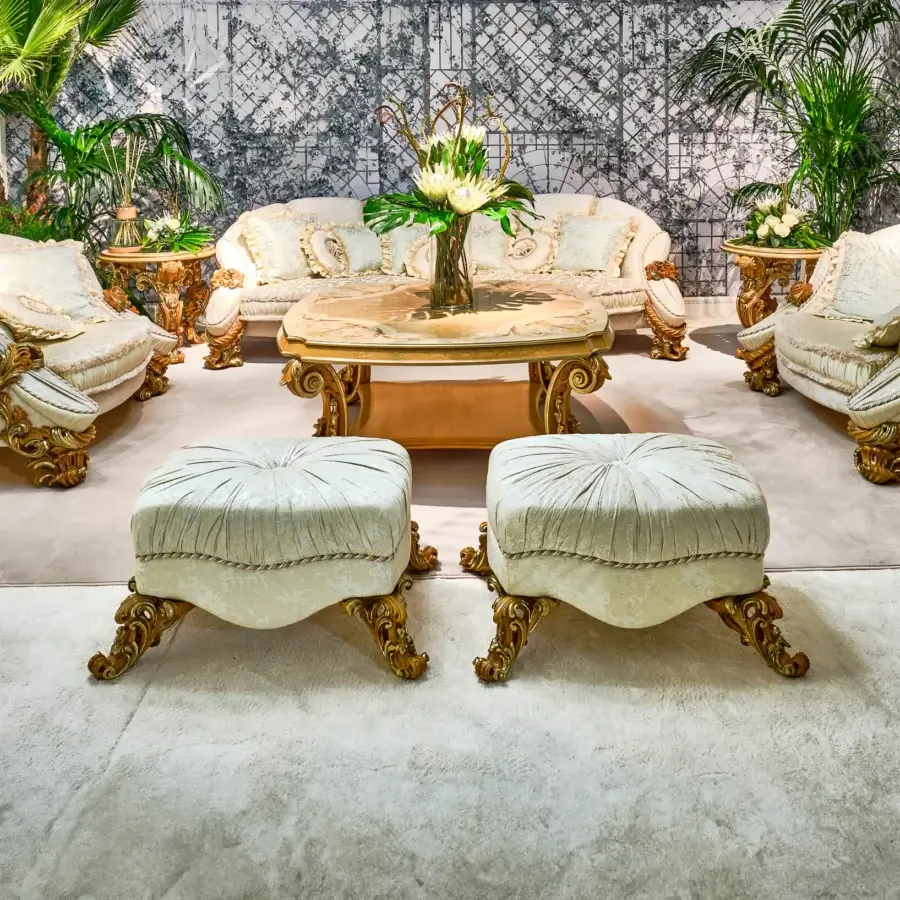 Distinguished Riva Mobili D'Arte 22260 ottoman crafted with pale cream upholstery and a glossy golden hardwood frame