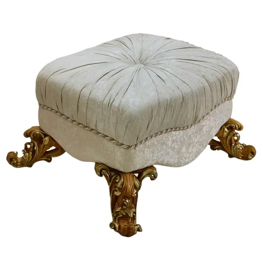 Exceptional Riva Mobili D'Arte 22260 ottoman built with muted cream textile and ornately carved glossy golden wood legs