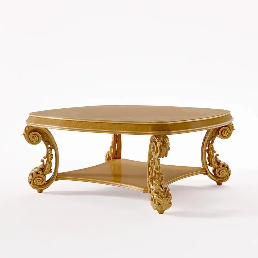 Distinguished Riva Mobili D'Arte 22174 coffee table with golden wood and intricately carved, ornate detailing in contrasting tones