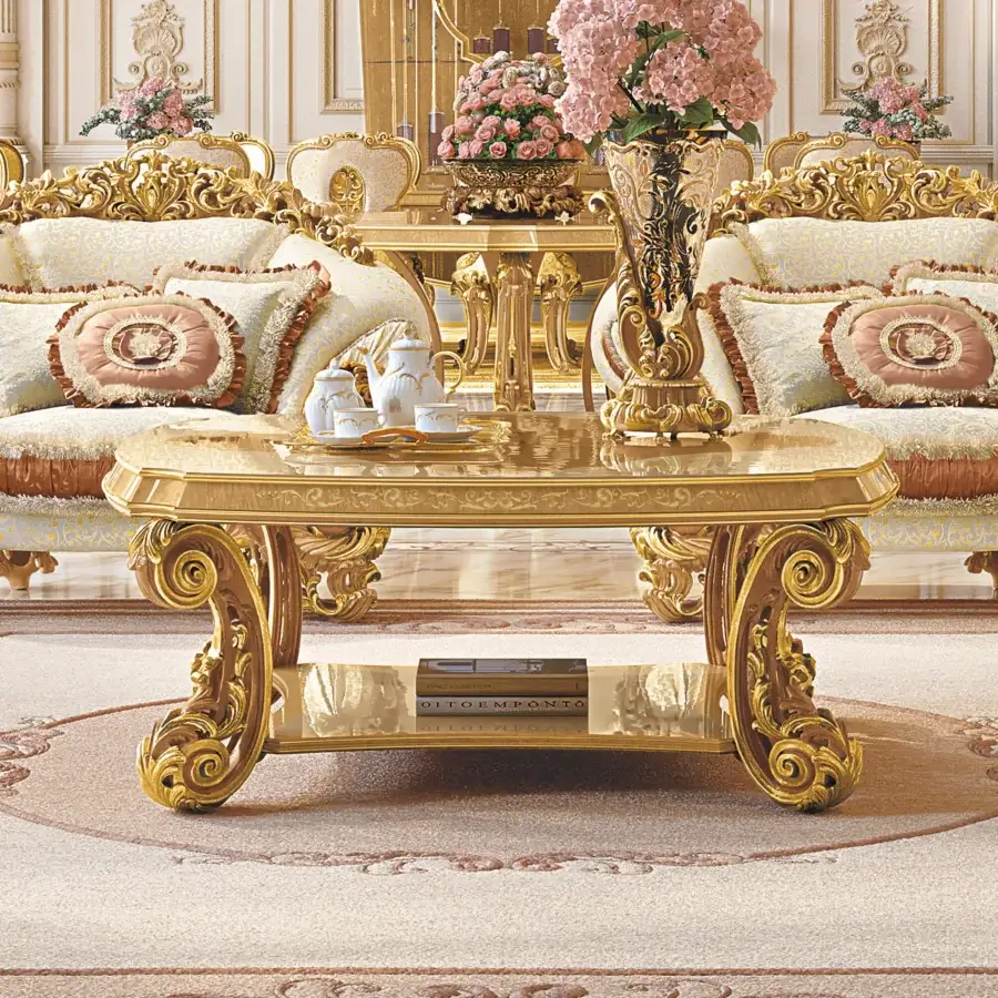 Lavish Riva Mobili D'Arte 22174 coffee table crafted in luminous gold tone wood with ornate carvings and clear glass