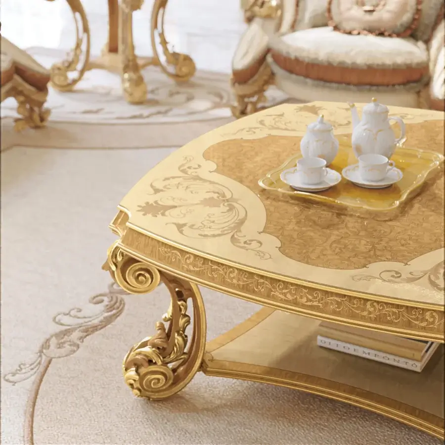 Distinguished Riva Mobili D'Arte 22174 coffee table crafted in Italy with floral inlays and rich gold finish