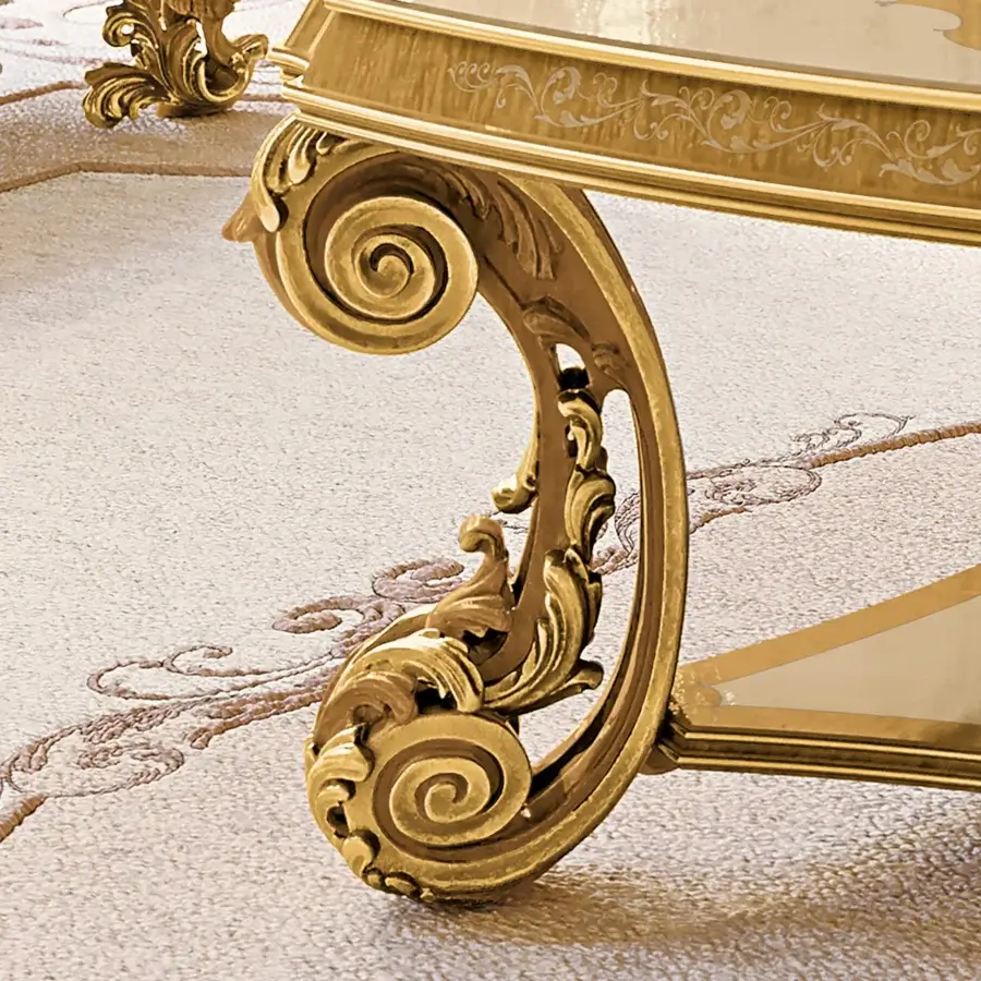 Exquisite Riva Mobili D'Arte 22174 coffee table crafted in Italy with gold-toned metal and intricate floral motifs