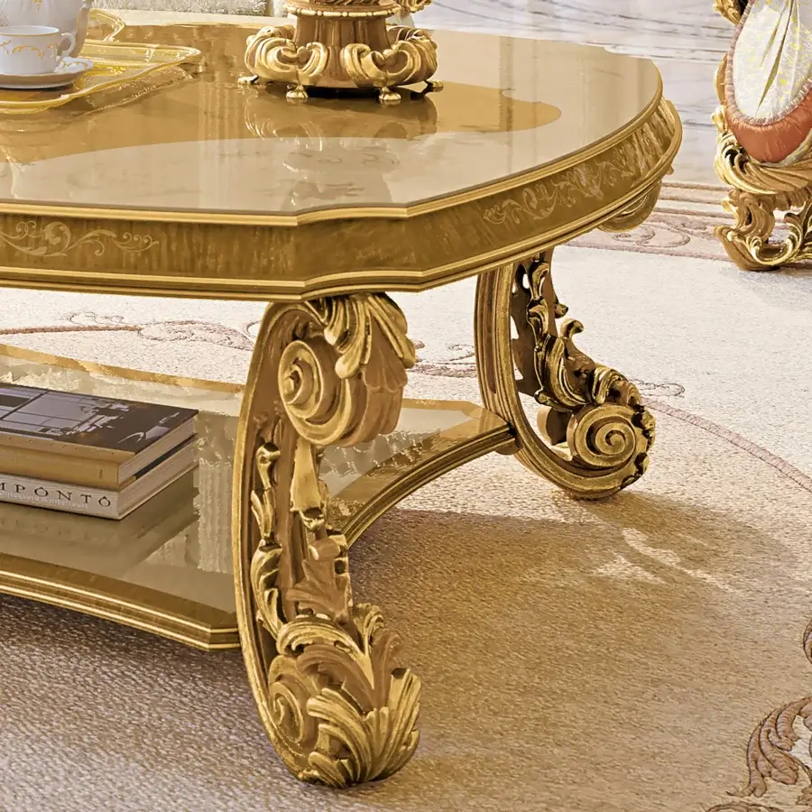 Superior Riva Mobili D'Arte 22174 coffee table crafted with golden hue and hand-carved floral embellishments for a timeless look