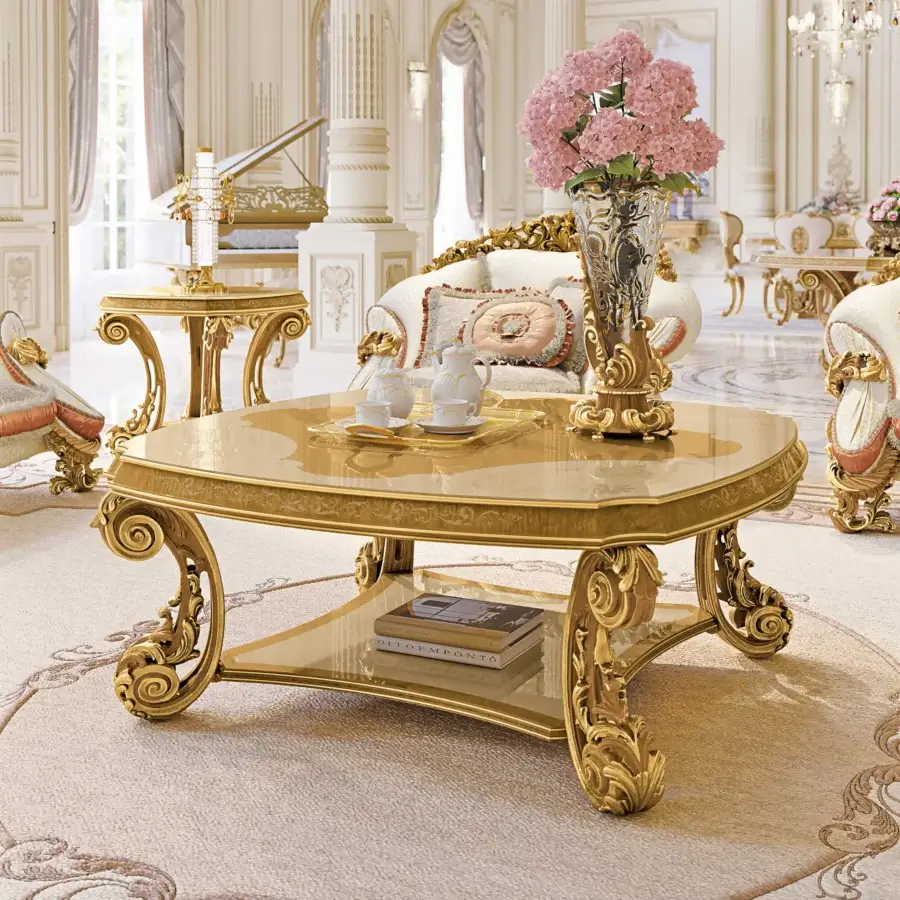 Lavish Riva Mobili D'Arte 22174 coffee table crafted in wood with luminous golden hue and ornate floral motifs