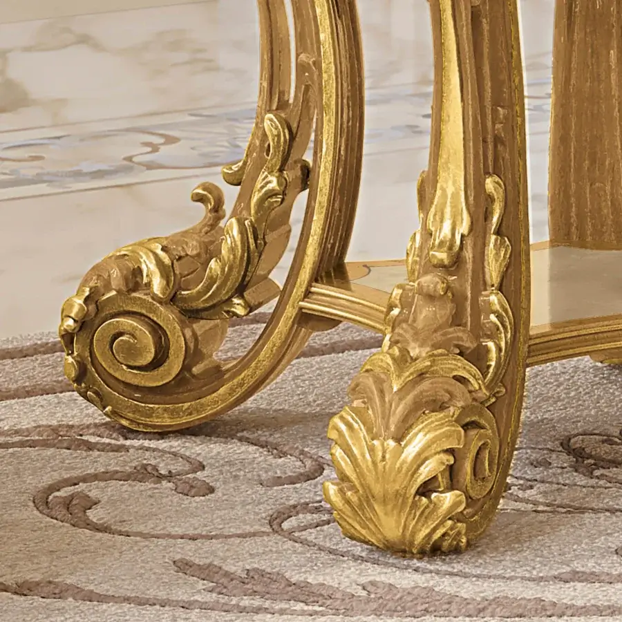 Exceptional Riva Mobili D'Arte 22173 side table with organically curved form and ornate carvings in a striking golden finish