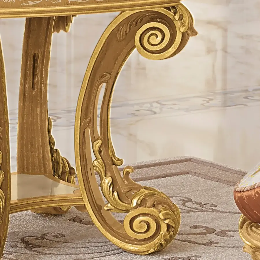 Lavish Riva Mobili D'Arte 22173 side table crafted in radiant gold with ornate, curved details and glossy finish
