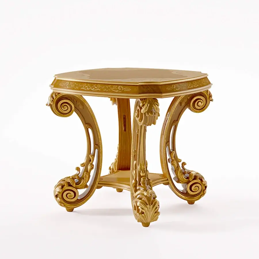 Superior Riva Mobili D'Arte 22173 side table crafted in gilded finish with sculpted floral motifs and extensively curved lines