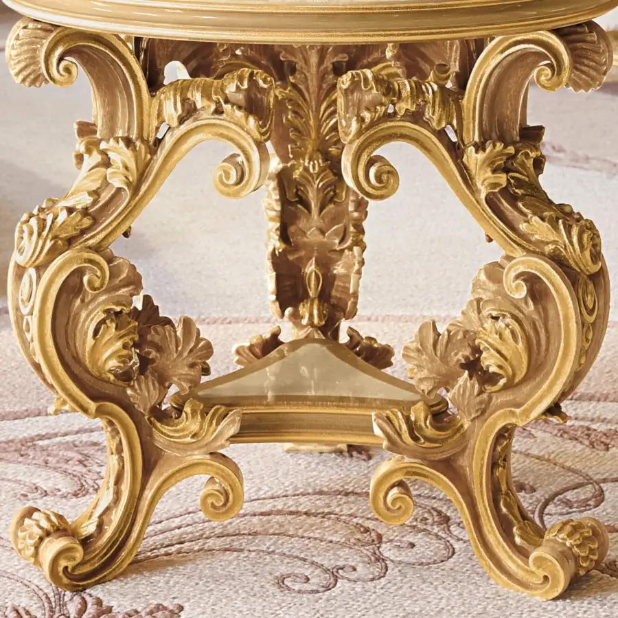 Lavish Riva Mobili D'Arte 22175 side table handcrafted in gilded wood with floral carvings and a pale green accent shelf