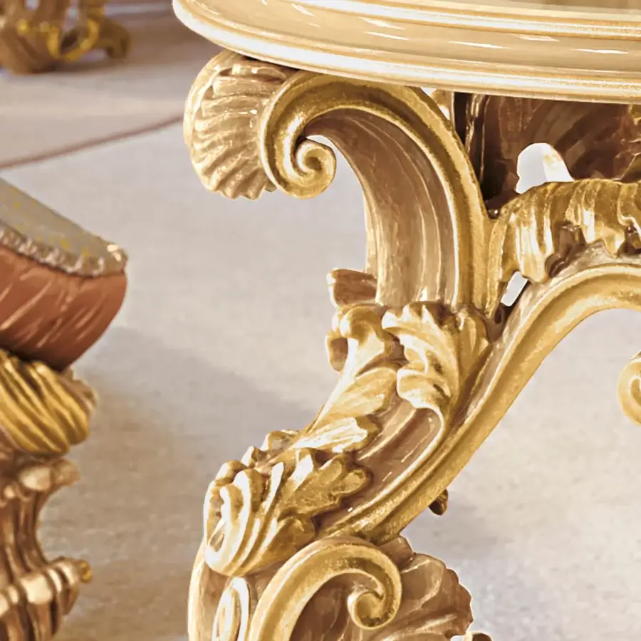 Exceptional Riva Mobili D'Arte 22175 side table in light-colored wood with radiant gold finish and ornate carved floral motifs
