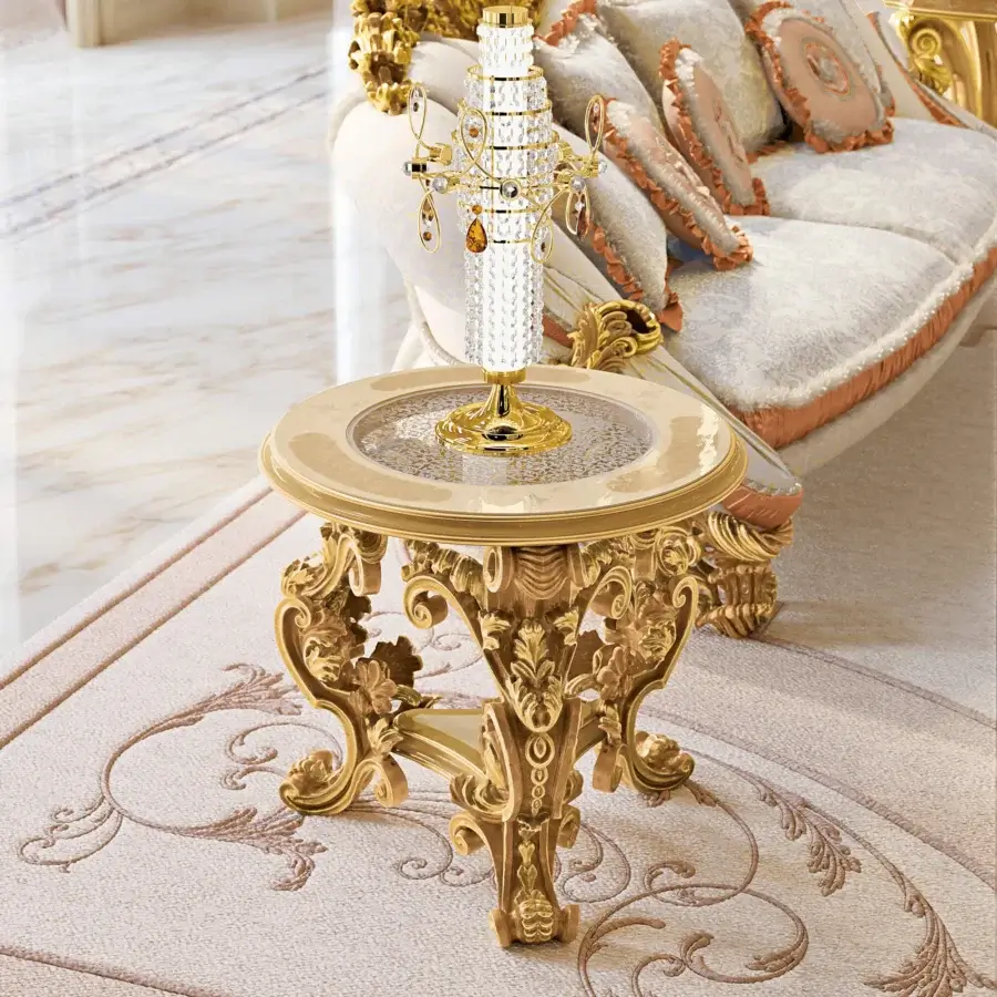 Exceptional Riva Mobili D'Arte 22175 side table crafted in golden wood with sculpted floral motifs and patterned insert