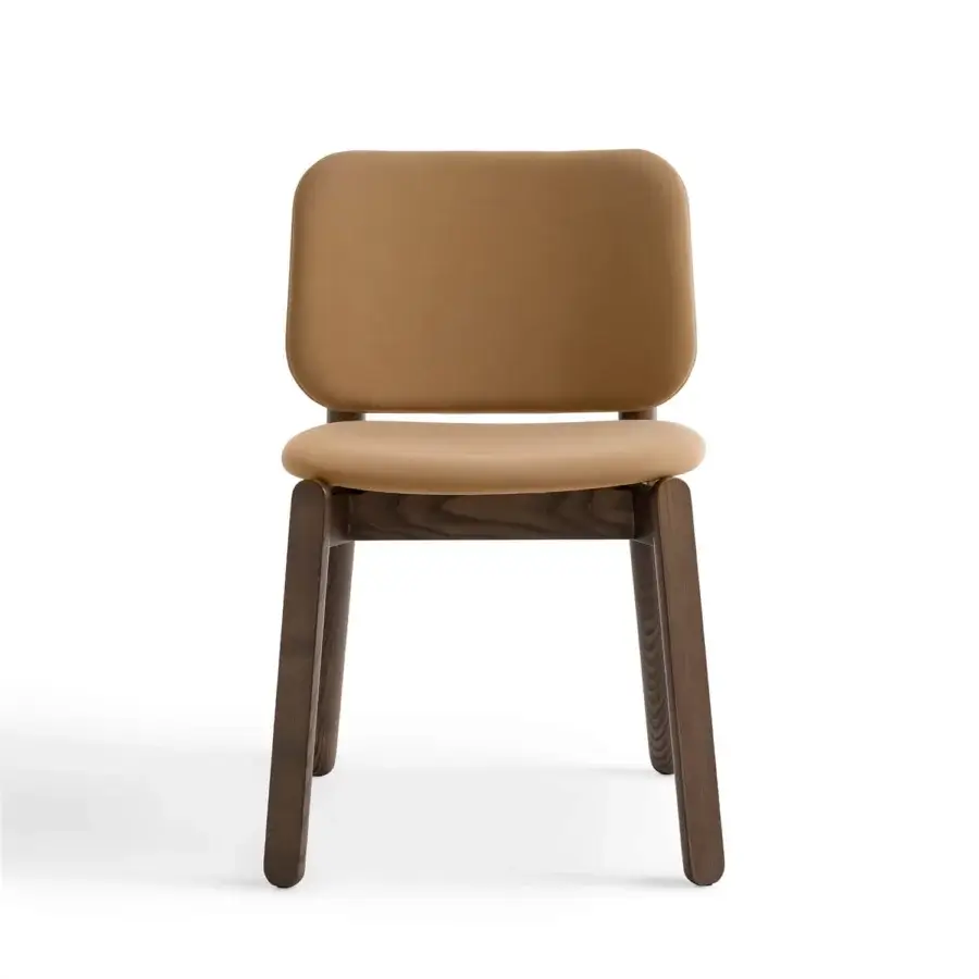 Elegant Billiani Babà dining chair with warm wood frame and soft tan synthetic upholstery in satin finish