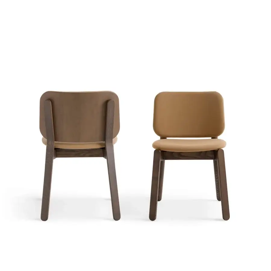 Exceptional Billiani Babà dining chair crafted in satin wood with a warm tan upholstered seat