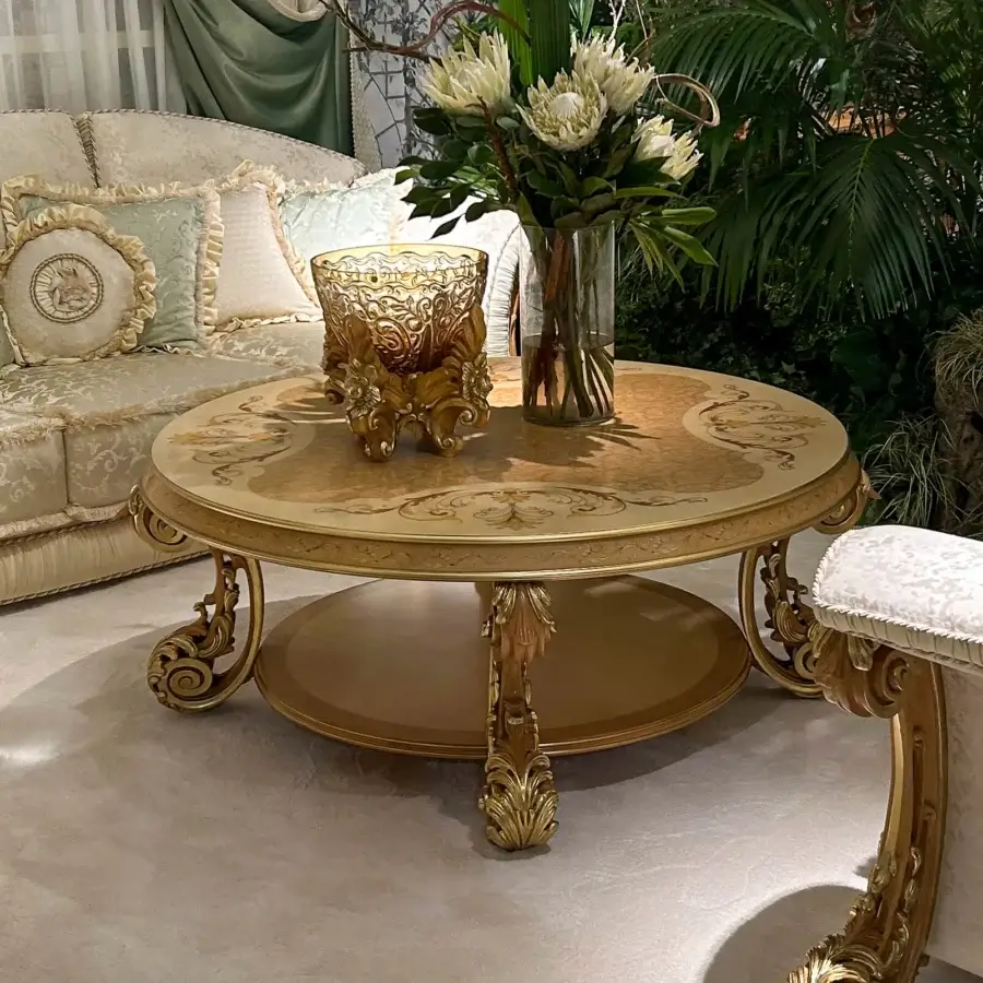 Lavish Riva Mobili D'Arte 22274 coffee table crafted in Italy with gilded wood showcasing hand-carved floral details and a double-tiered form