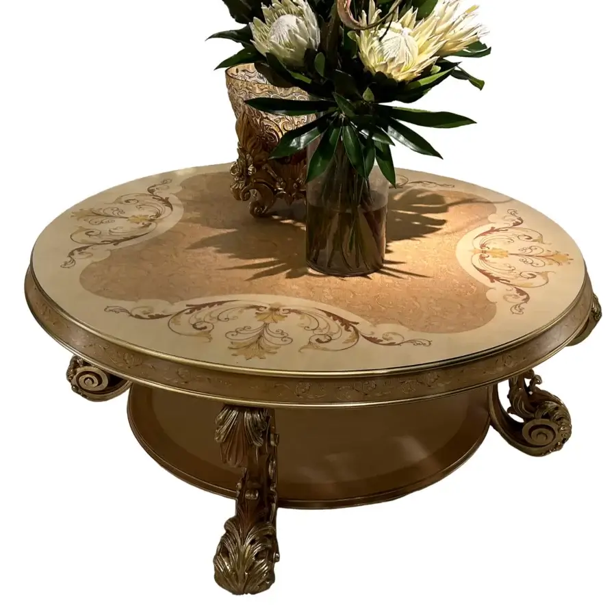 Distinguished Riva Mobili D'Arte 22274 coffee table crafted in Italy with golden wood and ornate hand-carved detailing with glossy finish