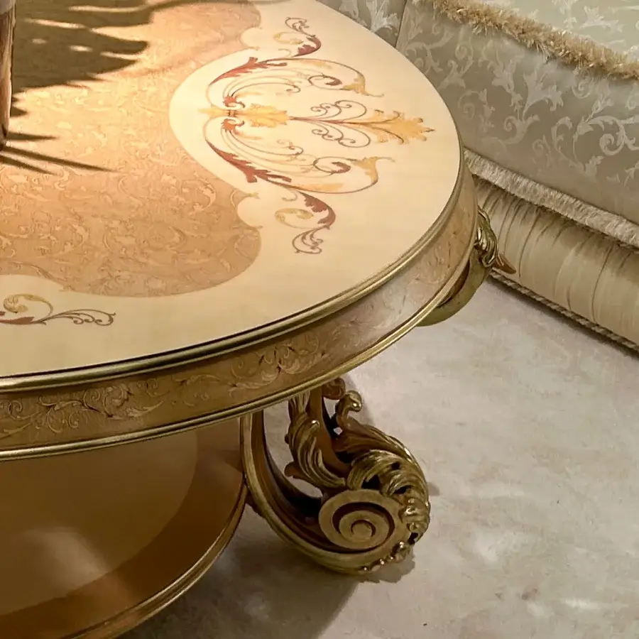 Lavish Riva Mobili D'Arte 22274 coffee table crafted in Italy with creamy off-white tabletop and glossy golden wood frame