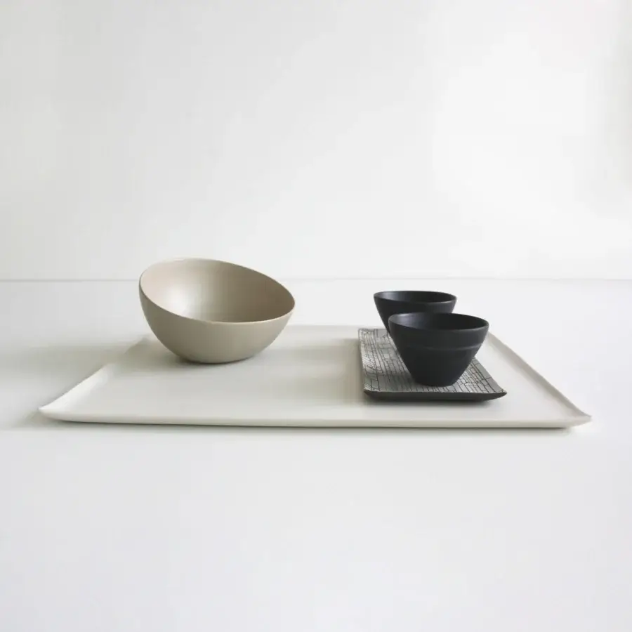 Distinguished Rina Menardi Vassoi Rettangolari centerpiece tray crafted in light beige synthetic material with smooth matte finish