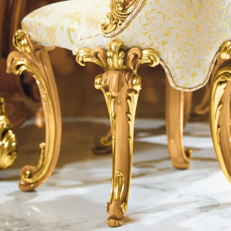 Exquisite Riva Mobili D'Arte 22120 chair handcrafted with golden wood finish and cream floral textile upholstery trimmed with twisted gold cord