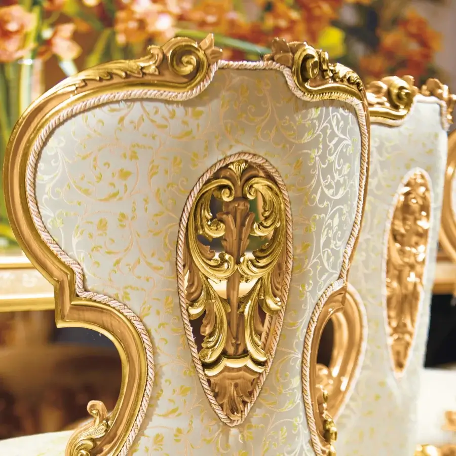 Superior Riva Mobili D'Arte 22120 chair crafted in Italy with gold-toned wood and pale blue floral upholstery accents