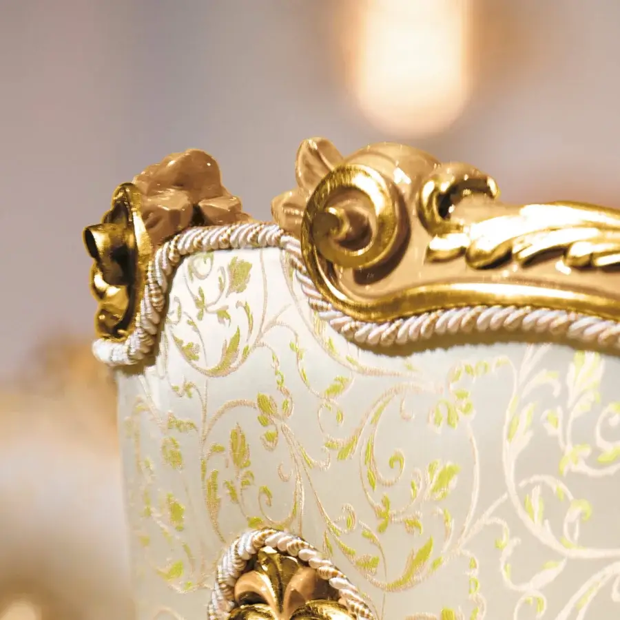 Lavish Riva Mobili D'Arte 22120 chair in pale cream textile with ornate bright gold metal and foliate designs