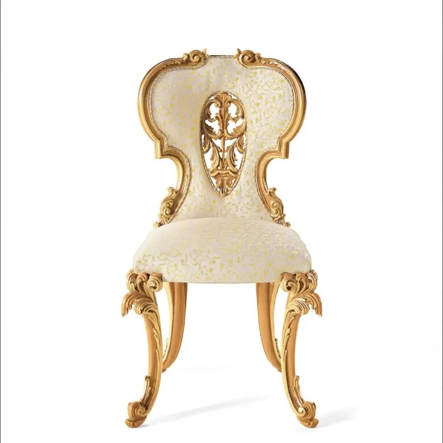 Distinguished Riva Mobili D'Arte 22120 chair crafted in golden wood with cream and gold floral patterned upholstery and intricate relief carvings