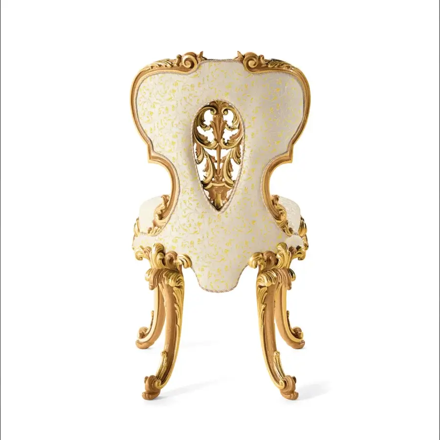 Exquisite Riva Mobili D'Arte 22120 chair crafted in golden wood with vibrant yellow floral textile upholstery and intricate relief carvings