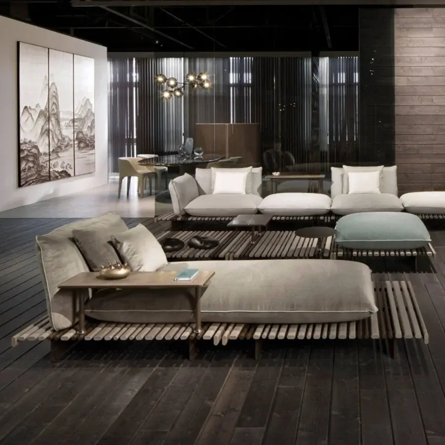 Superior Giorgetti Apsara chaise lounge with carob powder-coated aluminum, Afrormosia wooden slats and textured grey-green waterproof fabric upholstery