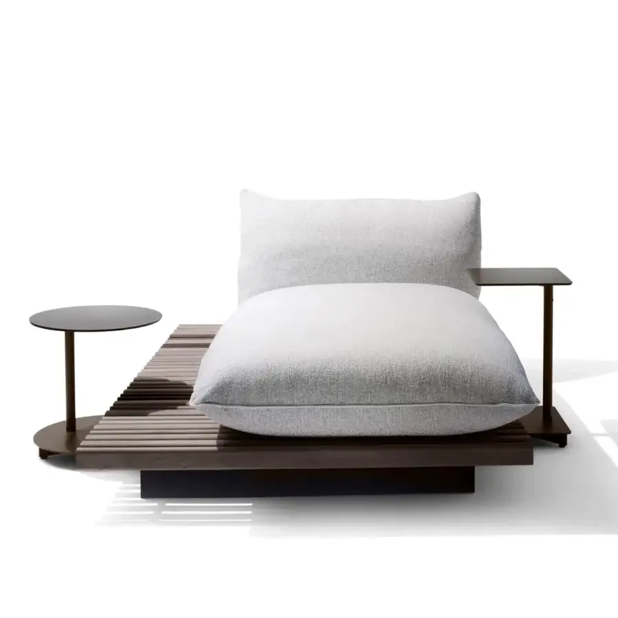 Superior Giorgetti Apsara chaise lounge crafted with carob powder-coated aluminum and Afrormosia wooden slats, featuring waterproof outdoor upholstery