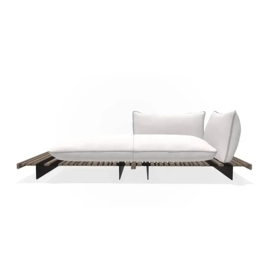 Sophisticated Giorgetti Apsara chaise lounge with carob protected aluminum, Afrormosia wooden slats, and crisp white outdoor technical fabric upholstery