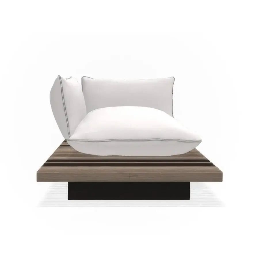 Distinguished Giorgetti Apsara chaise lounge crafted with carob powder-coated aluminum and Afrormosia wooden slats, featuring crisp white waterproof fabric upholstery