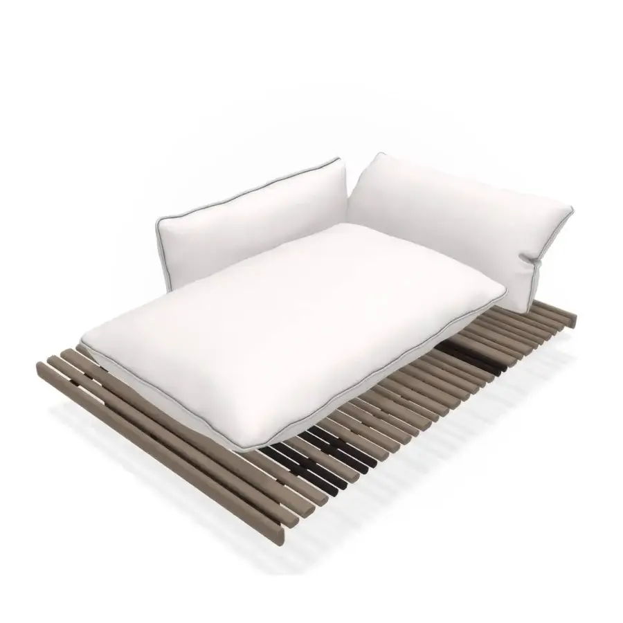 Distinguished Giorgetti Apsara chaise lounge crafted with carob powder-coated aluminum, Afrormosia wooden slats, and waterproof outdoor fabric cushioning