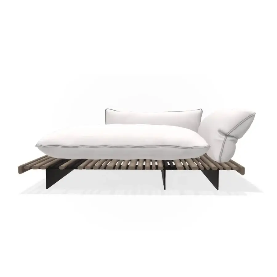 Elegant Giorgetti Apsara chaise lounge with carob powder-coated aluminum, Afrormosia wooden slats, and waterproof white technical fabric upholstery