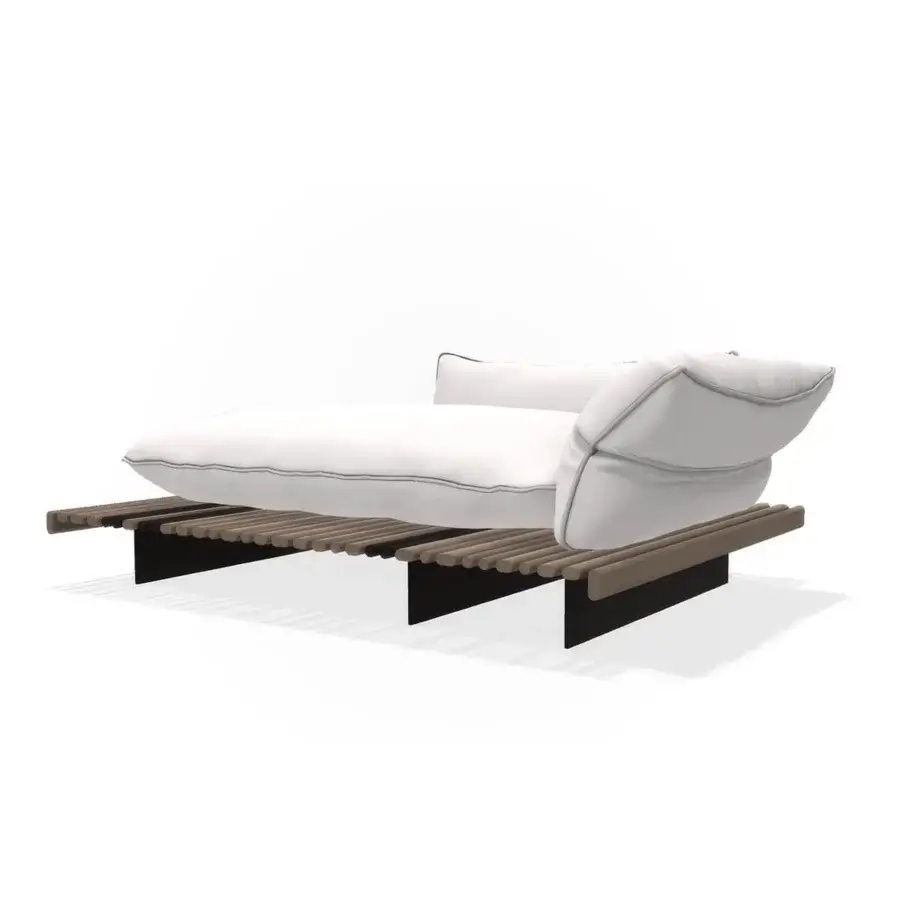 Superior Giorgetti Apsara chaise lounge with carob powder-coated aluminum base and warm-toned Afrormosia wooden slats, finished with white waterproof fabric