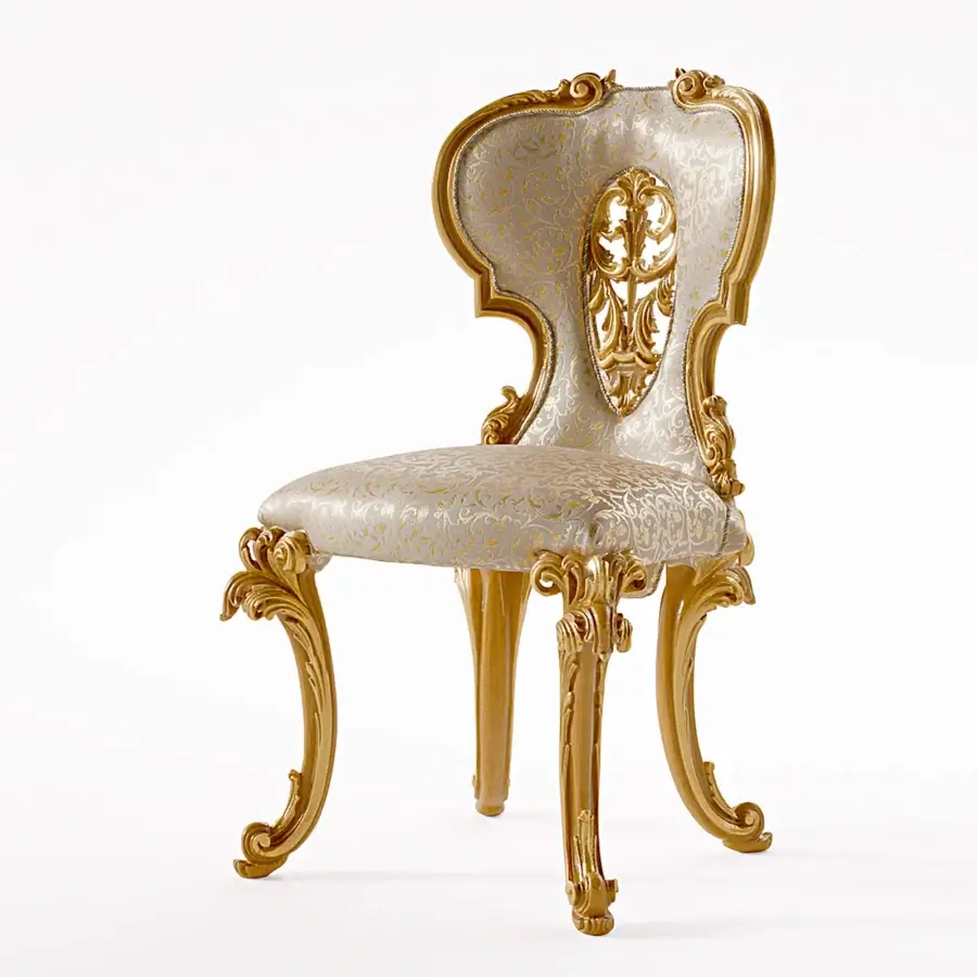 Superior Riva Mobili D'Arte 22120 chair crafted in Italy with pale grey and gold patterned upholstery and glossy golden hardwood
