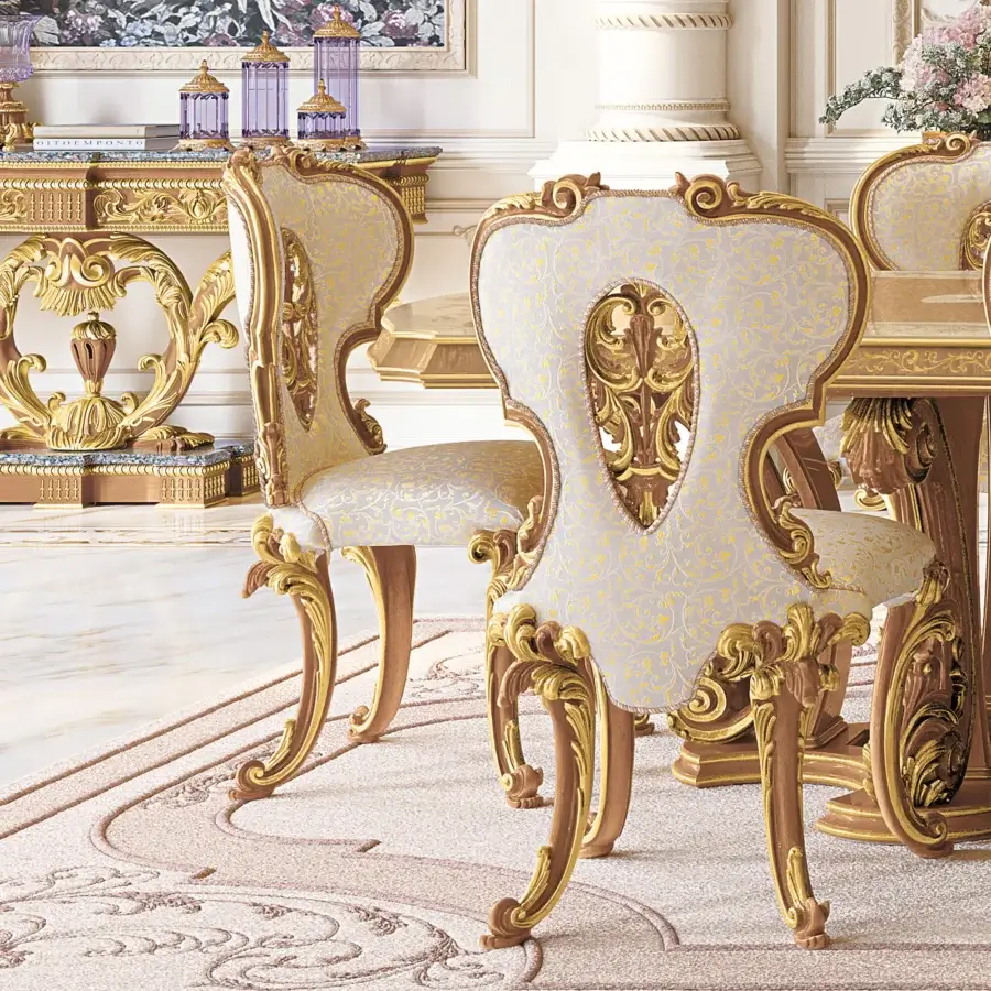 Exquisite Riva Mobili D'Arte 22120 chair crafted in Italy with pale blue-grey textile and gilded wood carvings with satin finish