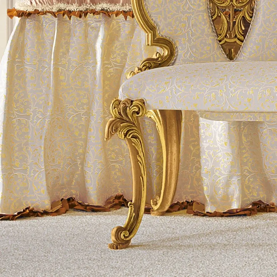 Distinguished Riva Mobili D'Arte 22030 bench crafted with floral textile, glossy gold detailing, and creamy off-white base