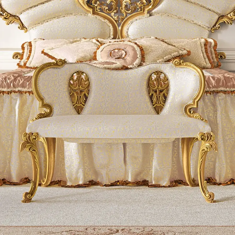 Exquisite Riva Mobili D'Arte 22030 bench handcrafted with pale gold floral upholstery and lustrous golden wood finish