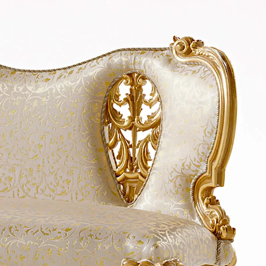 Superior handcrafted bench with architectural carvings, lustrous gold finish and subtly patterned cream upholstery