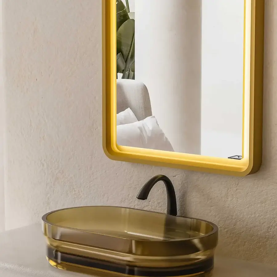 Stunning Norah Design ISBA 02 washbasin crafted from translucent amber-toned Norahcrystal with a glossy finish