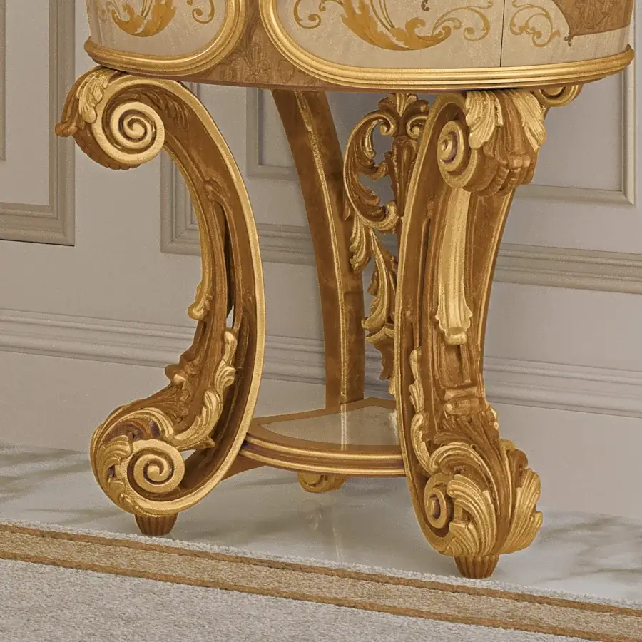 Lavish Riva Mobili D'Arte 22041 nightstand evoking Italy’s Comacina Collection with swirling motifs and saturated gold tone finish
