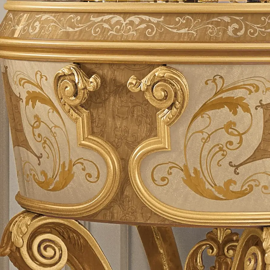 Distinguished Riva Mobili D'Arte 22041 nightstand crafted in Italy with cream and gold gilding evoking neoclassical design