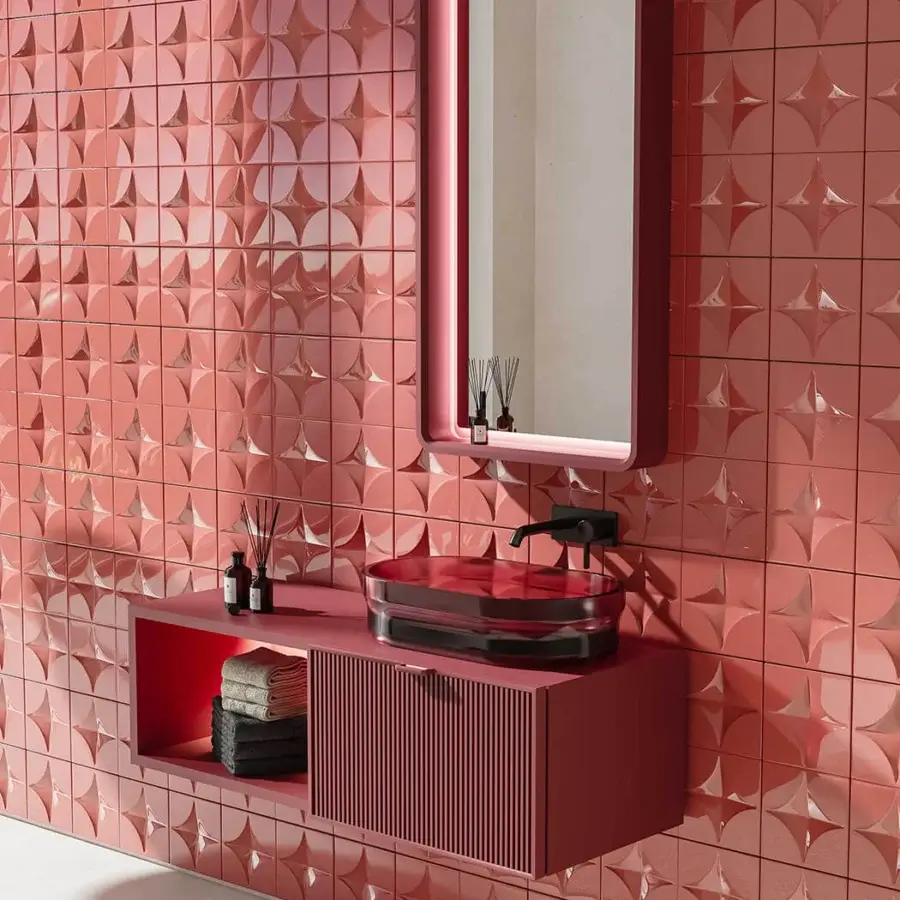 Sophisticated Norah Design ISBA 02 washbasin crafted in coral-red Norahcrystal with satin finish and integrated storage