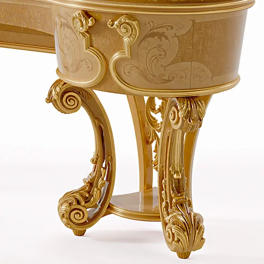 Distinguished Riva Mobili D'Arte 22042 vanity desk crafted in wood with extensively curved lines and intricate floral carvings in bright glossy gold finish
