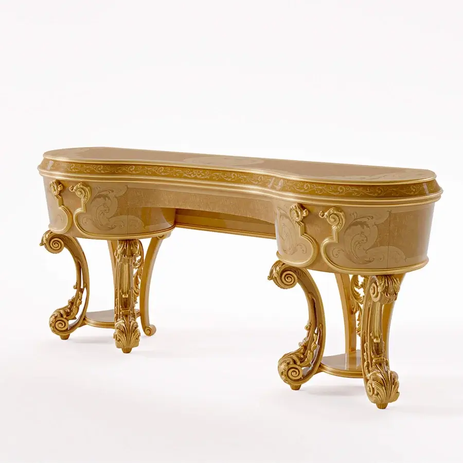 Lavish Riva Mobili D'Arte 22042 vanity desk exhibiting sculpted floral motifs with a saturated gold finish