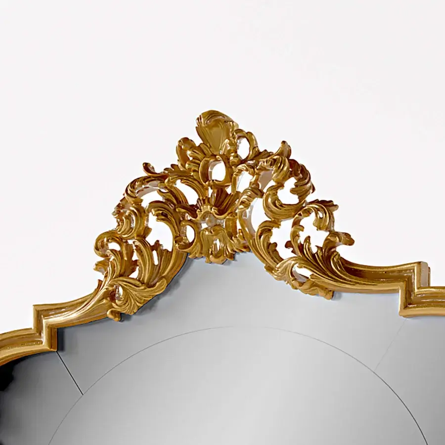 Distinguished Riva Mobili D'Arte 22057 mirror crafted in wood with a glossy, golden-yellow finish and ornate hand-carved floral motifs
