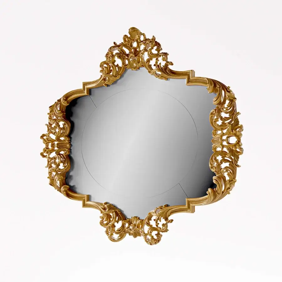 Exceptional Riva Mobili D'Arte 22057 mirror crafted in wood with a glossy golden finish displaying ornate floral motifs