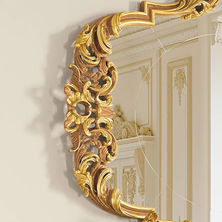 Superior Riva Mobili D'Arte 22057 mirror crafted in gilded wood with deeply carved floral motifs and glossy finish
