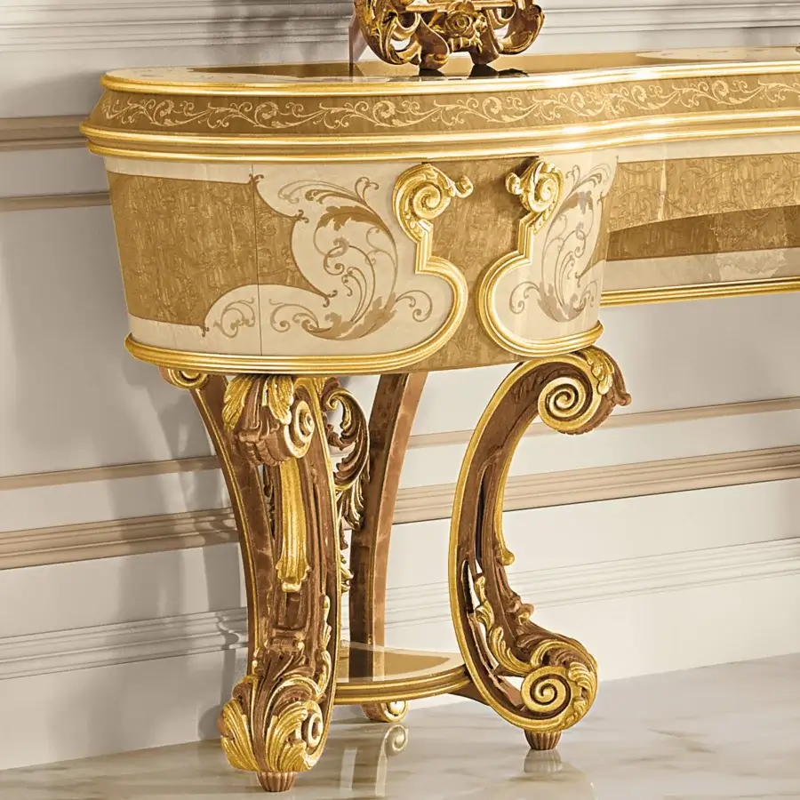 Distinguished Riva Mobili D'Arte 22042 vanity desk crafted in gold tone with sinuous curves and elaborate carvings