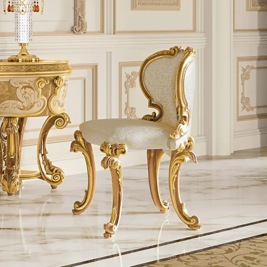 Exquisite Riva Mobili D'Arte 22033 chair handcrafted in wood with glossy golden finish and pale blue floral seat cushion