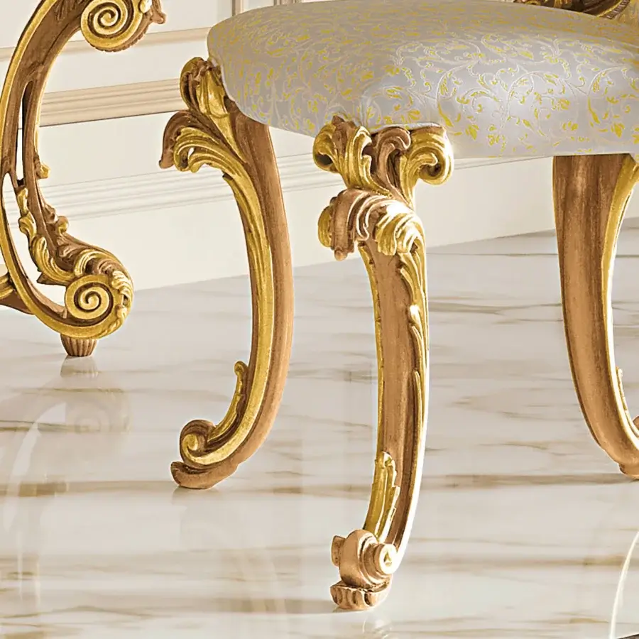 Superior Riva Mobili D'Arte 22033 chair in pale blue textile with golden floral motifs and hand-carved glossy golden wood frame